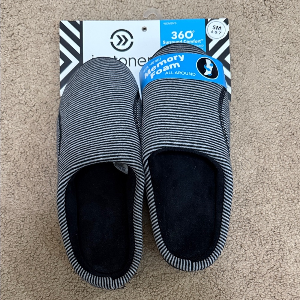isotoner Black and Gray Striped Memory Foam Slip-Ons